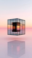 Wall Mural - a reflective cube structure set against a serene gradient sunrise background, evoking modernity and 
