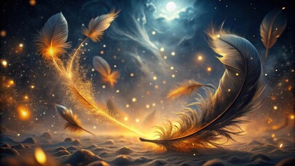 Wall Mural - Glowing Feathers Resting on a Sandy Surface Underneath a Night Sky Illuminated by Sparkling Lights