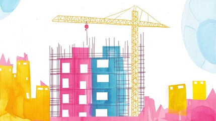 Canvas Print - Abstract Watercolor Illustration of Building Construction with Crane.