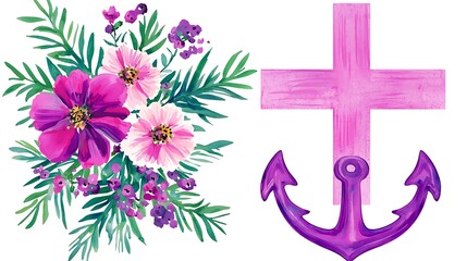 Canvas Print - Watercolor Floral Bouquet with Cross and Anchor