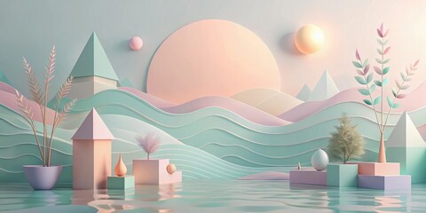 Wall Mural - Pastel Dreamscape Serene Abstract Composition of Geometric Forms and Flora in a Reflective Pool