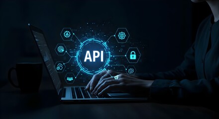 API Application Programming Interface Concept. A programmer types on a laptop, interacting with digital icons representing API development,  Application Software Tool, security, and cloud computing.