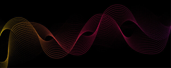 Poster - Abstract background design with wavy line pattern in bright pink & black background. Pink technology sound wave flow concept. Pink particle wave of Network connection Cybernetics in Dark Background