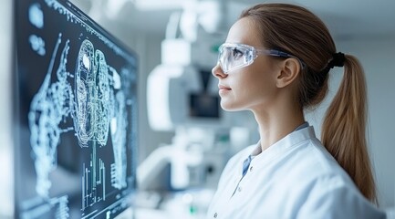 Wall Mural - female scientist analyzing brain data on holographic interface