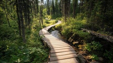 Canvas Print - A winding wooden path through a lush green forest, surrounded by tall trees and a gentle stream, creates a tranquil nature scene.