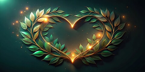 Poster - Golden Branches Forming a Heart Shape with Lush Green Leaves and Sparkling Lights on a Dark Background