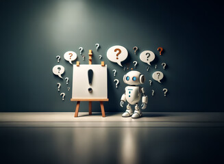 Wall Mural - a small white robot stands beside an easel featuring a bold exclamation mark. floating question mark