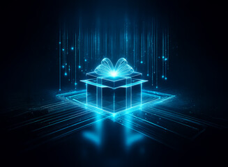 Poster - a vibrant blue gift box radiates light in a dark space, beams of light descend upon it, creating a m