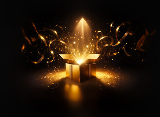 Poster - a golden box opens, emitting bright light and sparkles. festive golden ribbons surround the magical 