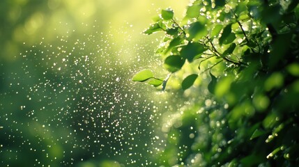 Wall Mural - Sunlight Sparkles on Dewy Leaves in a Lush Green Environment