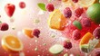 © Moopingz - Fresh fruit explosion, vibrant citrus slices, berries, and mint splashing through water droplets on a gradient background.