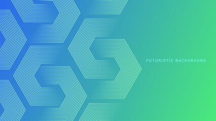 Wall Mural - Green and blue gradient background with hexagon geometric lines pattern. Abstract shiny hexagon lines. Futuristic technology concept