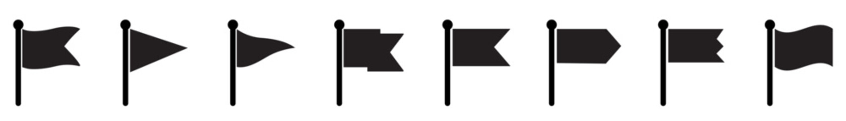 Black flags symbol collection on white background. Triangle alert flag shape design. Flag shape alert flat style. Black flags warning symbol icon. Waving tag shape black color symbol. Vector