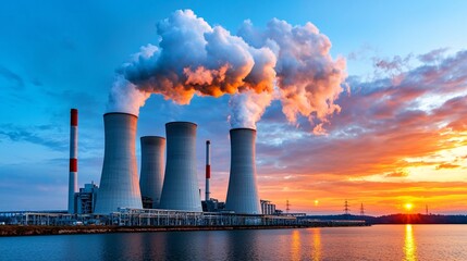 high carbon emission concept. industrial cooling towers silhouetted against a colorful sunset, emitt