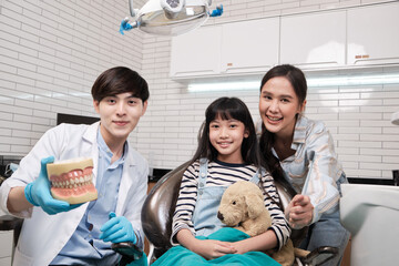 Wall Mural - Portrait of Asian male pediatric dentist, mother, and a girl patient smiling and looking at camera in dental clinic, mouth hygiene, and professional orthodontic healthcare work in a kid hospital.