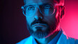 © InspireStock Studio - Scientific researcher in neon lab portrait photography futuristic environment close-up