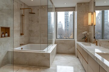 Wall Mural - Modern bathroom with elegant fixtures, large windows showcasing city views, and serene decor