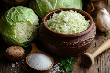 Wall Mural - Ingredients for cooking sauerkraut in a rustic kitchen