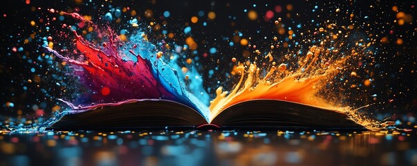 Poster - Colorful paint splashes erupting from an open book on a black background, bright and vibrant, abstract art concept, high contrast and detail, ultrarealistic, 8K UHD