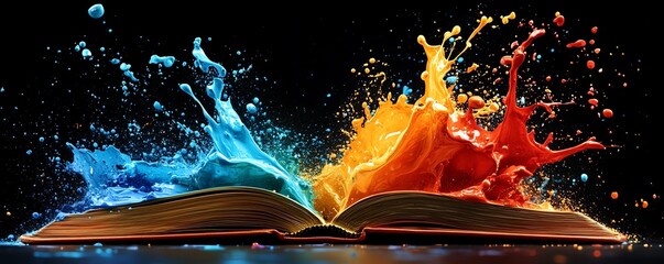 Poster - Colorful paint splashes erupting from an open book on a black background, bright and vibrant, abstract art concept, high contrast and detail, ultrarealistic, 8K UHD