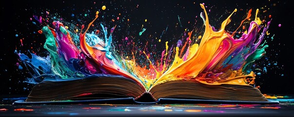 Poster - Colorful paint splashes erupting from an open book on a black background, bright and vibrant, abstract art concept, high contrast and detail, ultrarealistic, 8K UHD