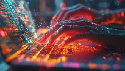 Leinwandbilder - Woman s hands typing on a sleek laptop, metaverse hologram intertwining with a complex digital network and binary code, creating an abstract futuristic scene, 8K UHD