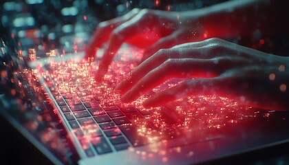 Leinwandbilder - Woman s hands typing on a sleek laptop, metaverse hologram intertwining with a complex digital network and binary code, creating an abstract futuristic scene, 8K UHD