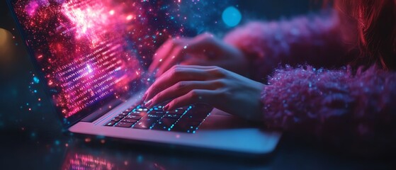Poster - A woman s hands typing on a sleek laptop, metaverse hologram forming behind, complex digital network with binary code blending into abstract futuristic design, 8K UHD