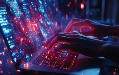Poster - A womans hands typing swiftly on a sleek laptop