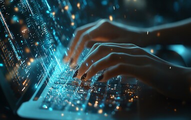 Poster - A womans hands typing swiftly on a sleek laptop