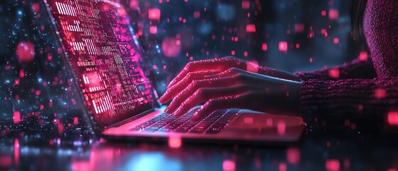 Poster - Futuristic scene of a woman s hands typing on a laptop, metaverse hologram merging with complex digital network and binary code, abstract tech design, 8K UHD