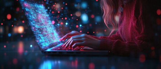 Poster - Futuristic scene of a woman s hands typing on a laptop, metaverse hologram merging with complex digital network and binary code, abstract tech design, 8K UHD
