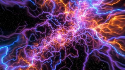 Wall Mural - Electric cosmic explosion with vibrant orange and purple energy streams in outer space. Science fiction and stellar phenomena concept