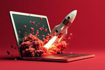 Bold red background highlights the laptop and rocket design.