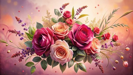 Poster - A captivating arrangement of blush and crimson roses, complemented by delicate wildflowers and grasses, creating a vibrant floral masterpiece