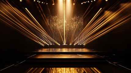 Poster - A luxurious black and gold stage illuminated with light effects, creating a dramatic and glamorous setting for an event.