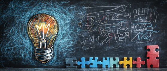 Fototapete - A blackboard with a handdrawn light bulb and jigsaw puzzle pieces arranged as steps, illustrating the stepbystep development of new and innovative ideas