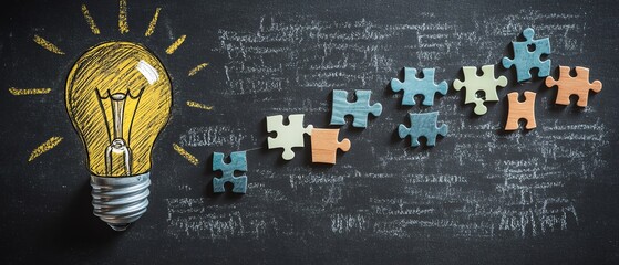 Fototapete - A blackboard with a handdrawn light bulb and jigsaw puzzle pieces arranged as steps, illustrating the stepbystep development of new and innovative ideas