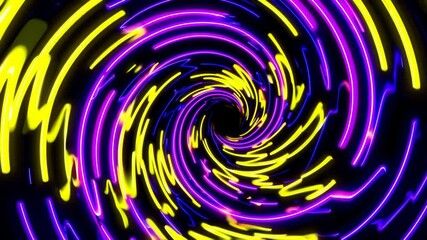 Poster - Vibrant neon light spiral with purple and yellow glowing streaks, creating a dynamic and mesmerizing pattern. Futuristic abstract art concept.