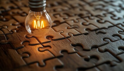Leinwandbilder - A closeup view of a wooden desk with a puzzle and a light bulb illustration on the last piece, symbolizing the achievement of finding a solution and developing an idea