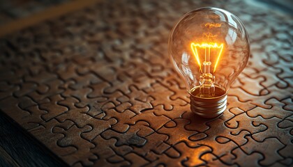 Leinwandbilder - A closeup view of a wooden desk with a puzzle and a light bulb illustration on the last piece, symbolizing the achievement of finding a solution and developing an idea