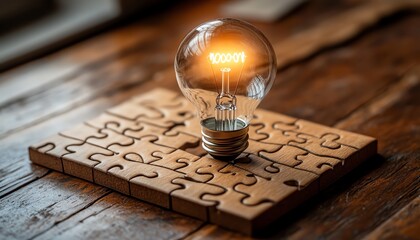 Leinwandbilder - A closeup view of a wooden desk with a puzzle and a light bulb illustration on the last piece, symbolizing the achievement of finding a solution and developing an idea