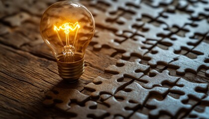 Leinwandbilder - A closeup view of a wooden desk with a puzzle and a light bulb illustration on the last piece, symbolizing the achievement of finding a solution and developing an idea