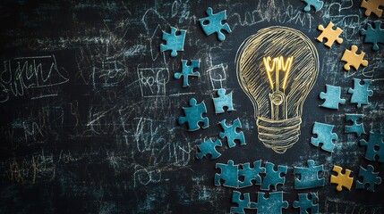 Fototapete - A concept image of a drawn light bulb on a blackboard, with jigsaw puzzle pieces arranged like steps, illustrating the development of innovative ideas