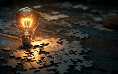 Leinwandbilder - A creative concept of solving a puzzle on a wooden desk, with a light bulb illustration on the final piece, symbolizing the solution and idea generation