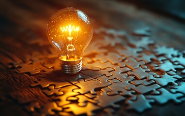 Leinwandbilder - A creative concept of solving a puzzle on a wooden desk, with a light bulb illustration on the final piece, symbolizing the solution and idea generation
