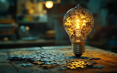 Leinwandbilder - A creative concept of solving a puzzle on a wooden desk, with a light bulb illustration on the final piece, symbolizing the solution and idea generation