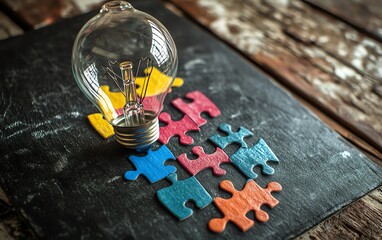 Fototapete - A light bulb drawn on a blackboard with jigsaw puzzle pieces shaped like steps, symbolizing the process of developing new ideas and innovation