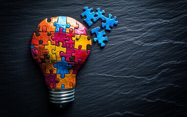 Poster - A light bulb drawn on a blackboard with jigsaw puzzle pieces shaped like steps, symbolizing the process of developing new ideas and innovation