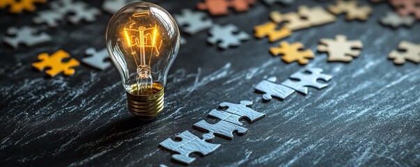 Fototapete - A light bulb illustration on a blackboard with jigsaw puzzle steps beneath it, representing the journey of developing new ideas and creativity